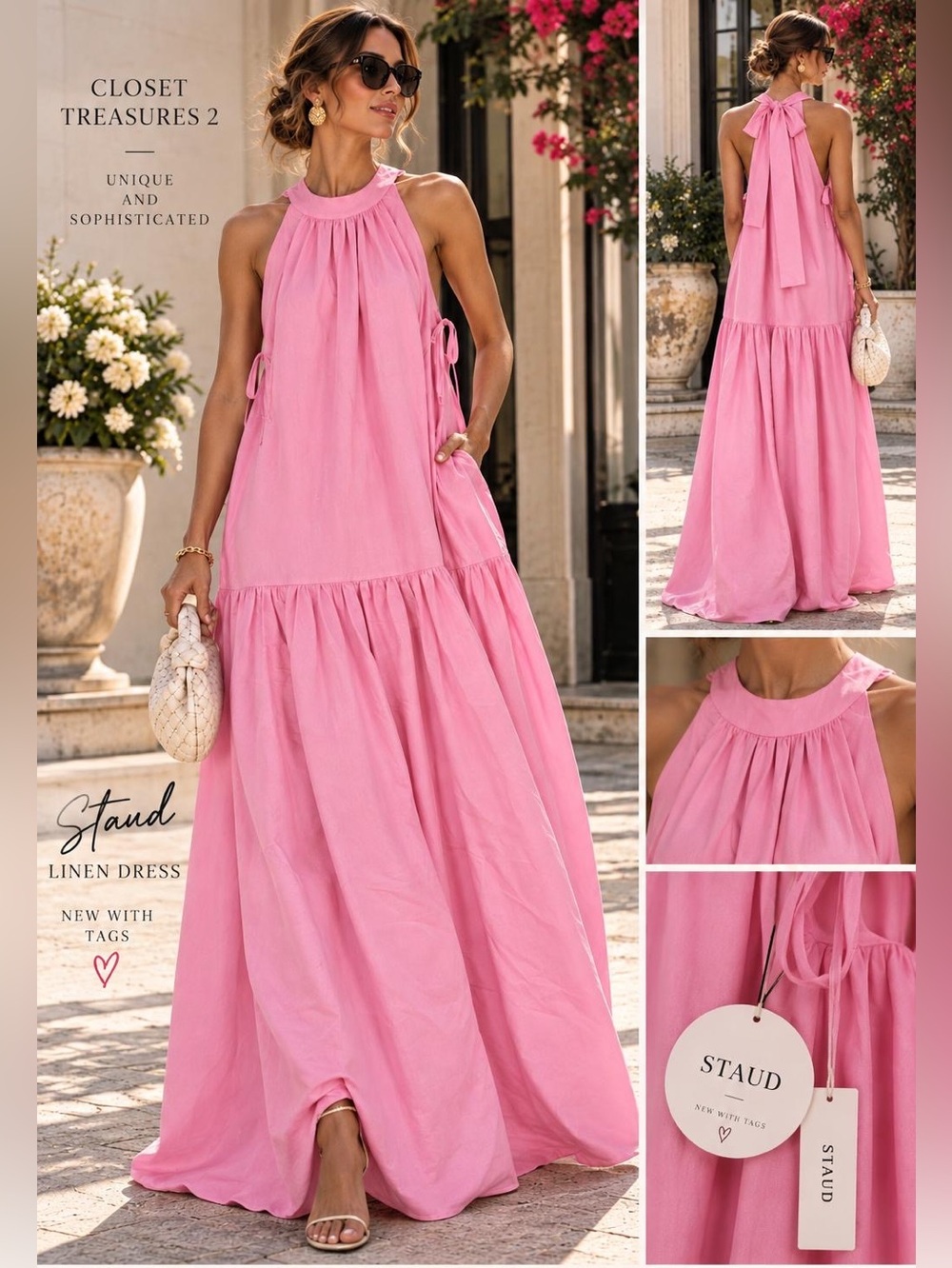 STAUD Pink Halter Linen Maxi Dress NWT BEAUTIFUL